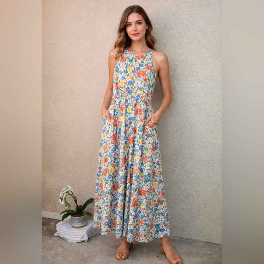 Chaps Blue Orange Floral Halter Maxi Dress XXL NWT (6319)